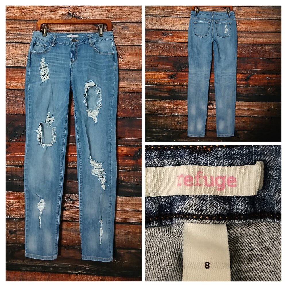 Refuge Jeans 8 Boyfriend Mid Rise Ripped Distressed Blue Denim Stretch